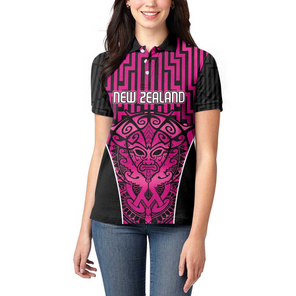 Custom Basketball New Zealand Women Polo Shirt Pink Maori Ta Moko Indigenous - Polynesian Pride
