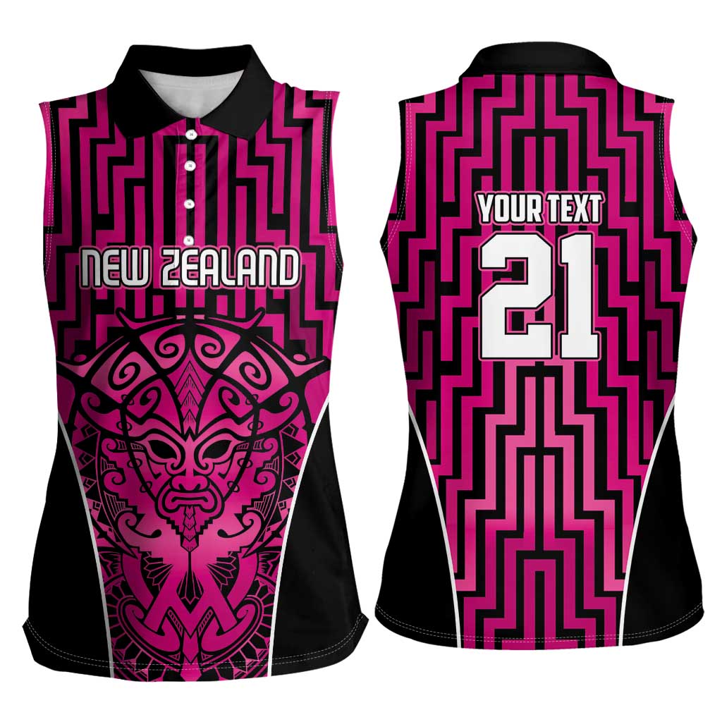 Custom Basketball New Zealand Women Sleeveless Polo Shirt Pink Maori Ta Moko Indigenous - Polynesian Pride