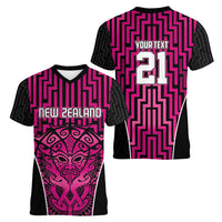 Custom Basketball New Zealand Women V-Neck T-Shirt Pink Maori Ta Moko Indigenous - Polynesian Pride