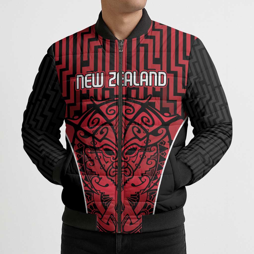 Custom Basketball New Zealand Bomber Puffer Jacket Red Maori Ta Moko Indigenous - Polynesian Pride