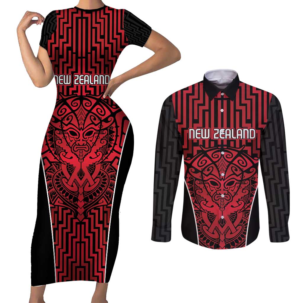 Custom Basketball New Zealand Couples Matching Short Sleeve Bodycon Dress and Long Sleeve Button Shirt Red Maori Ta Moko Indigenous - Polynesian Pride