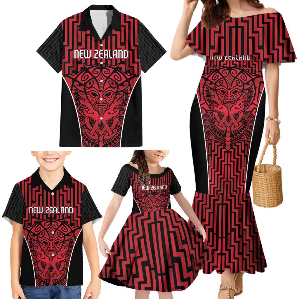 Custom Basketball New Zealand Family Matching Mermaid Dress and Hawaiian Shirt Red Maori Ta Moko Indigenous - Polynesian Pride