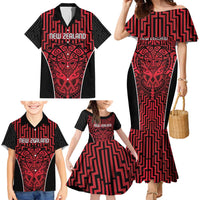 Custom Basketball New Zealand Family Matching Mermaid Dress and Hawaiian Shirt Red Maori Ta Moko Indigenous - Polynesian Pride