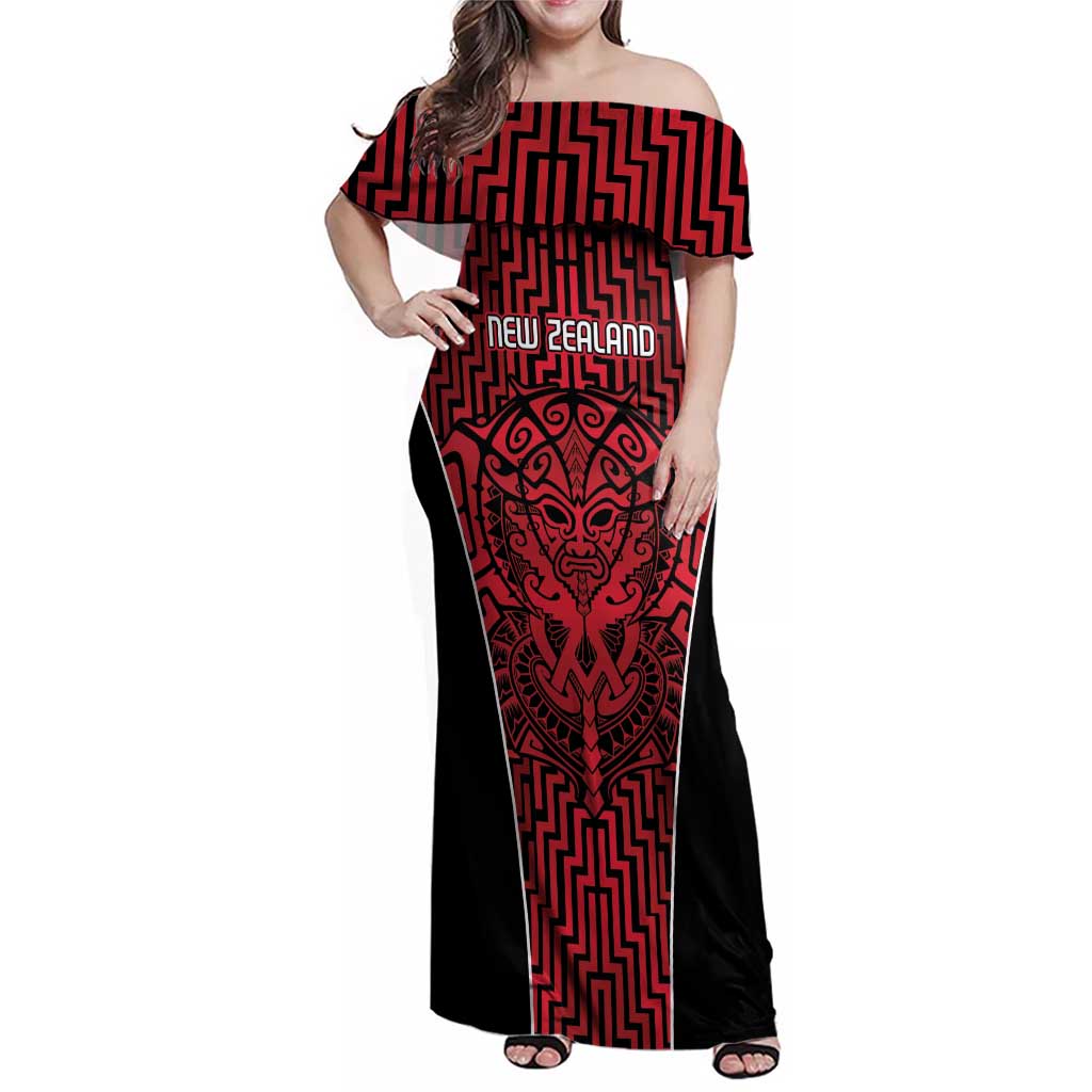 Custom Basketball New Zealand Family Matching Off Shoulder Maxi Dress and Hawaiian Shirt Red Maori Ta Moko Indigenous - Polynesian Pride