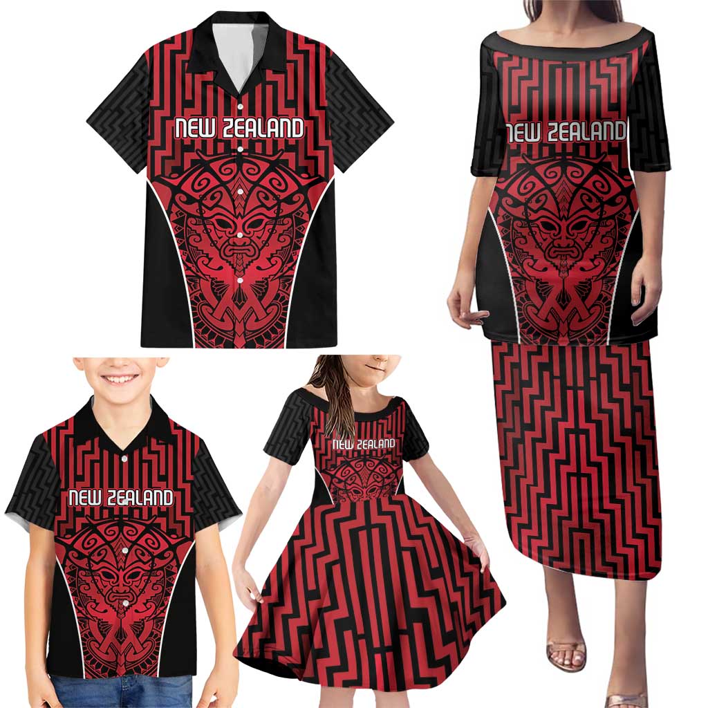 Custom Basketball New Zealand Family Matching Puletasi and Hawaiian Shirt Red Maori Ta Moko Indigenous - Polynesian Pride