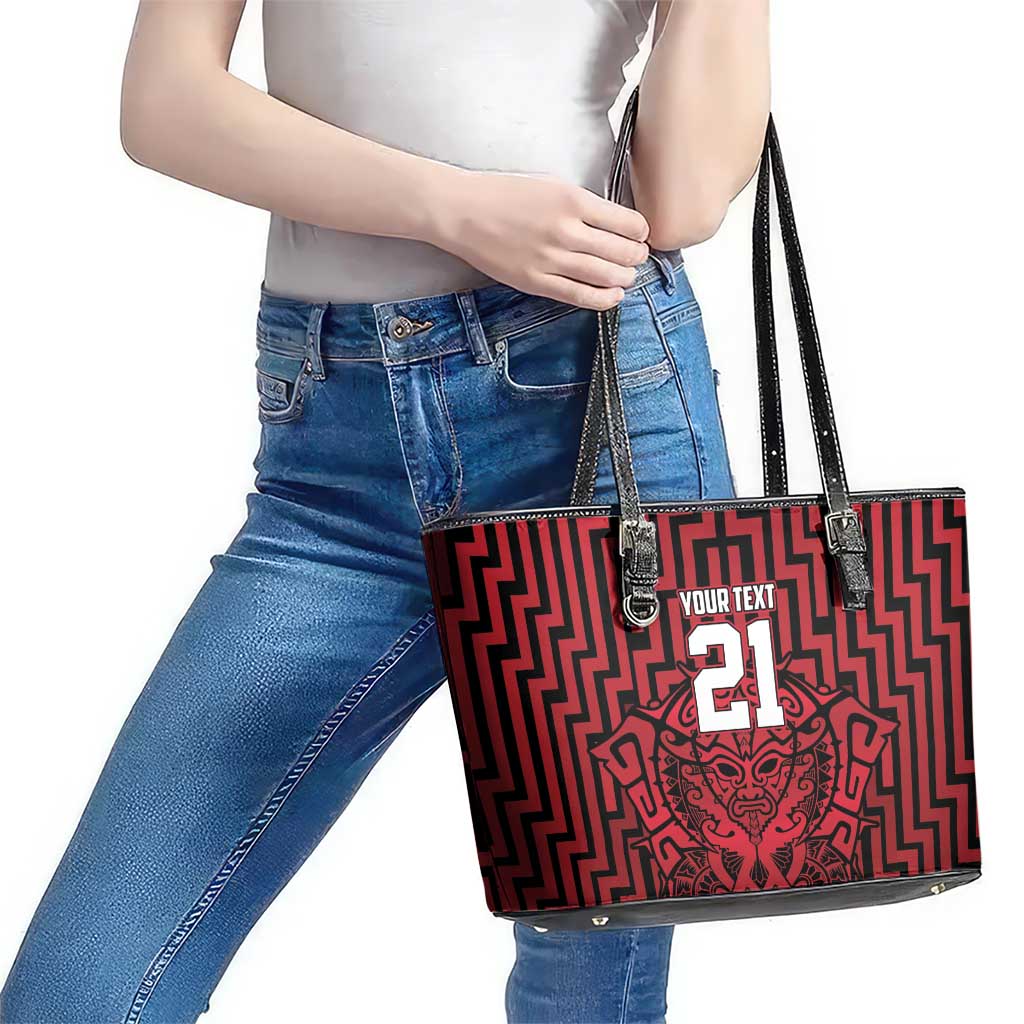 Custom Basketball New Zealand Leather Tote Bag Red Maori Ta Moko Indigenous - Polynesian Pride