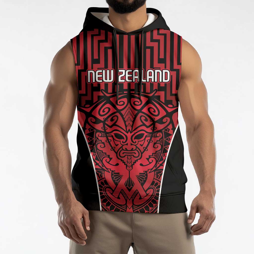 Custom Basketball New Zealand Sleeveless Hoodie Red Maori Ta Moko Indigenous - Polynesian Pride