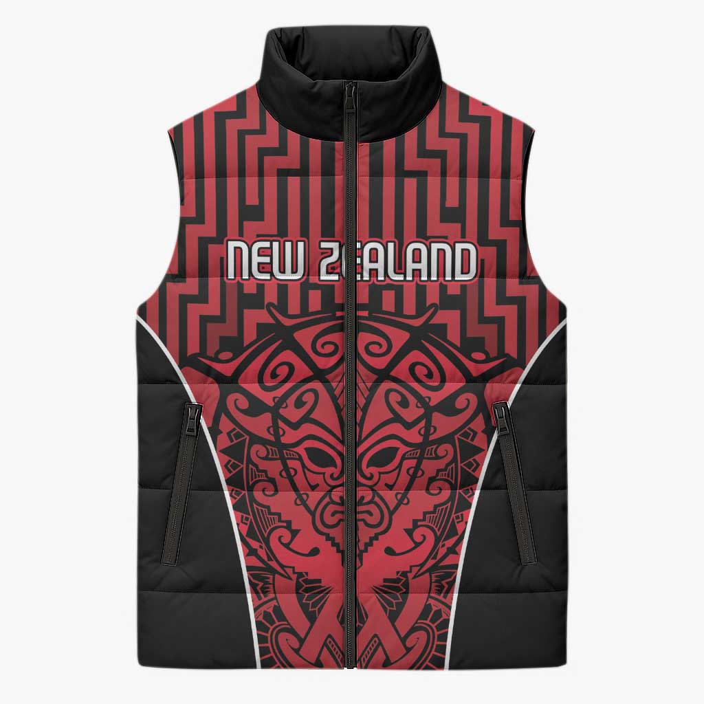 Custom Basketball New Zealand Sleeveless Puffer Jacket Red Maori Ta Moko Indigenous - Polynesian Pride