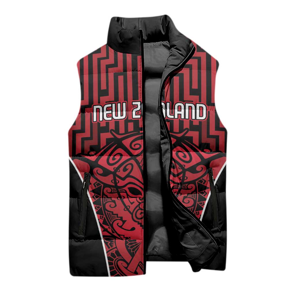 Custom Basketball New Zealand Sleeveless Puffer Jacket Red Maori Ta Moko Indigenous - Polynesian Pride