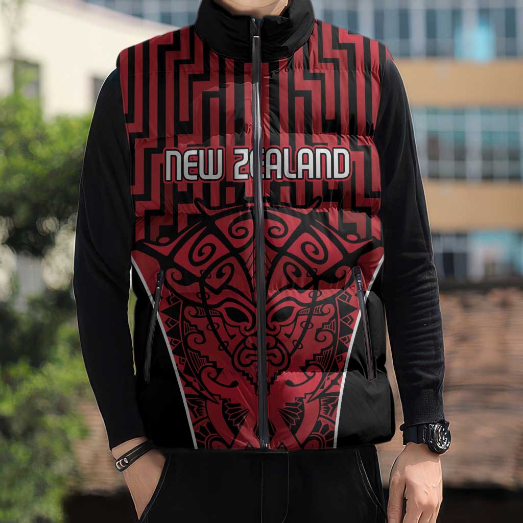 Custom Basketball New Zealand Sleeveless Puffer Jacket Red Maori Ta Moko Indigenous - Polynesian Pride