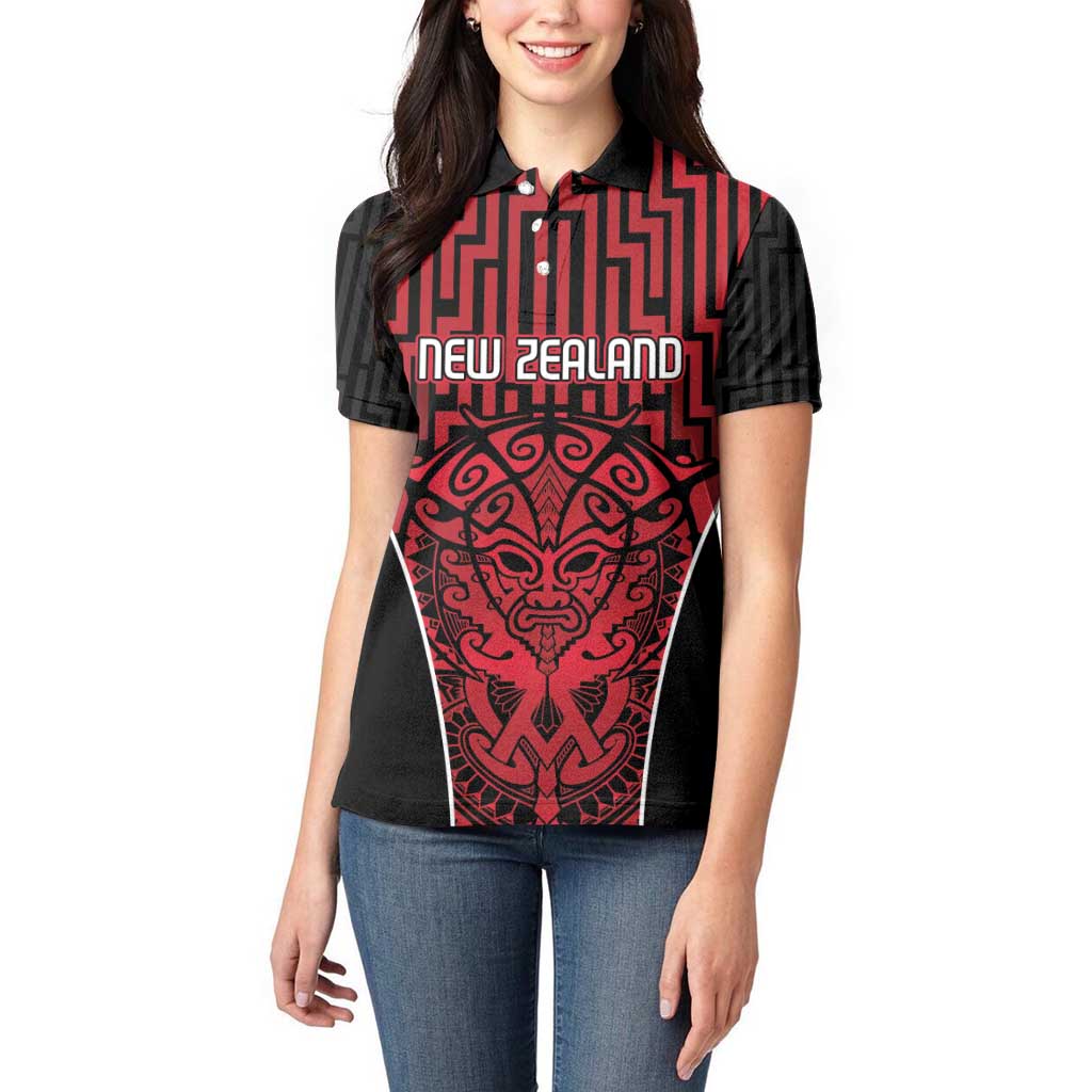 Custom Basketball New Zealand Women Polo Shirt Red Maori Ta Moko Indigenous - Polynesian Pride