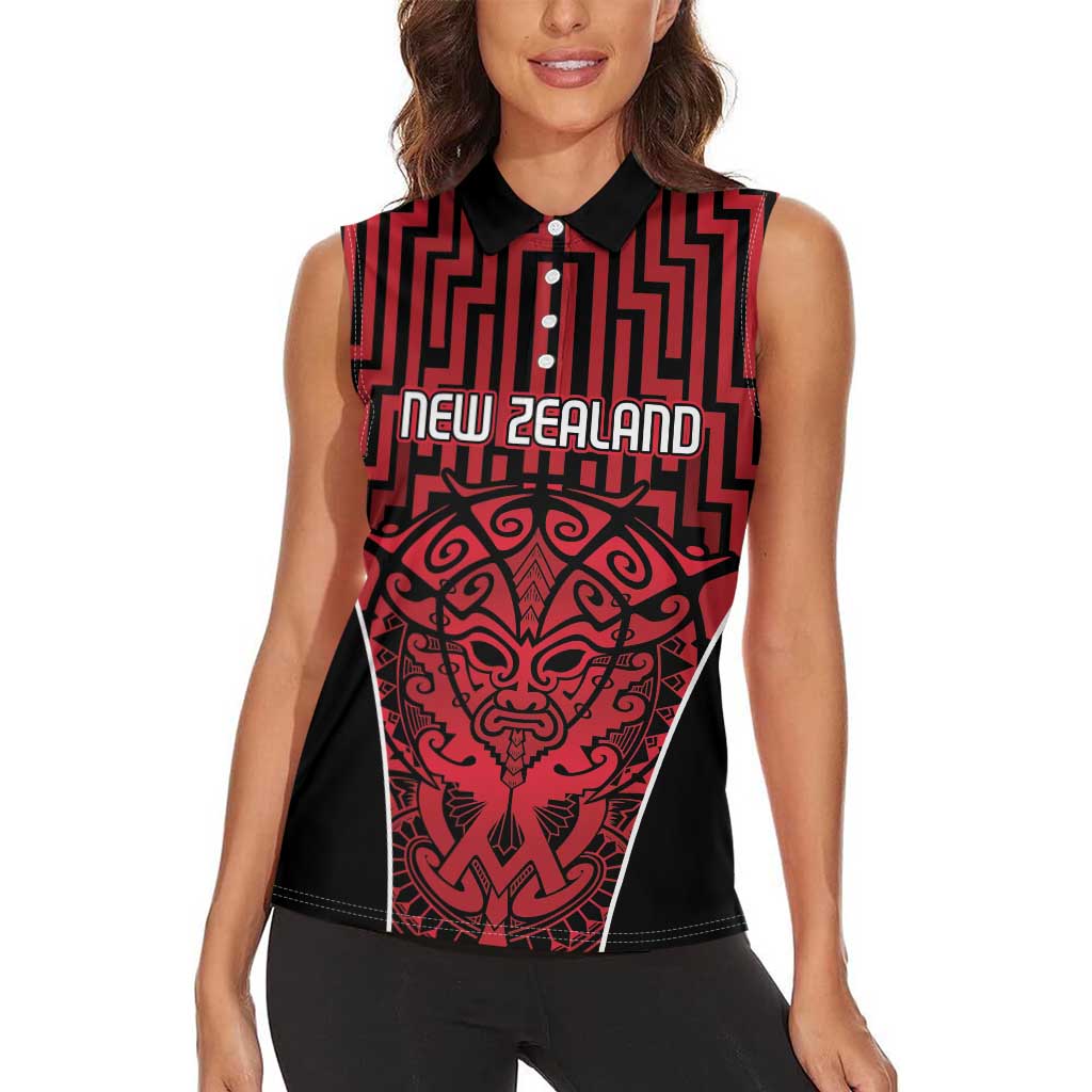Custom Basketball New Zealand Women Sleeveless Polo Shirt Red Maori Ta Moko Indigenous - Polynesian Pride