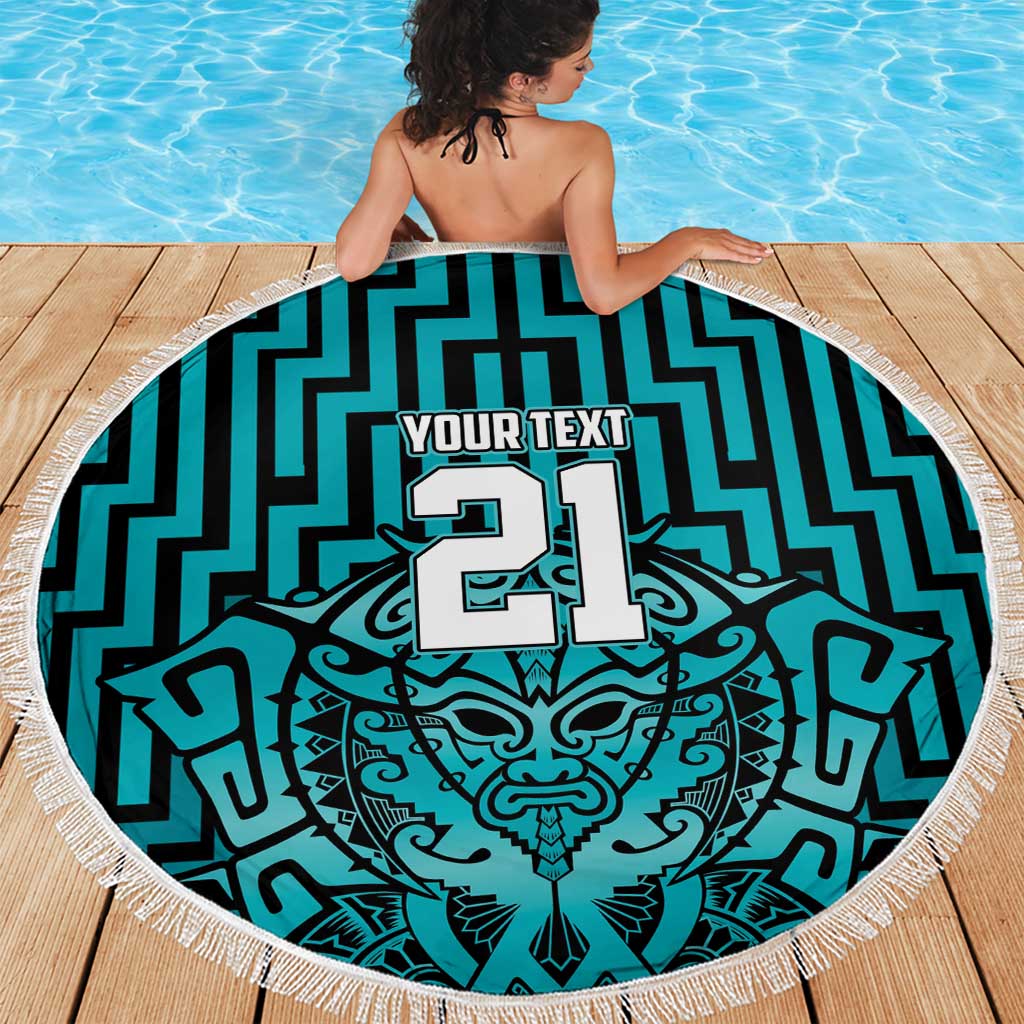 Custom Basketball New Zealand Beach Blanket Teal Maori Ta Moko Indigenous - Polynesian Pride