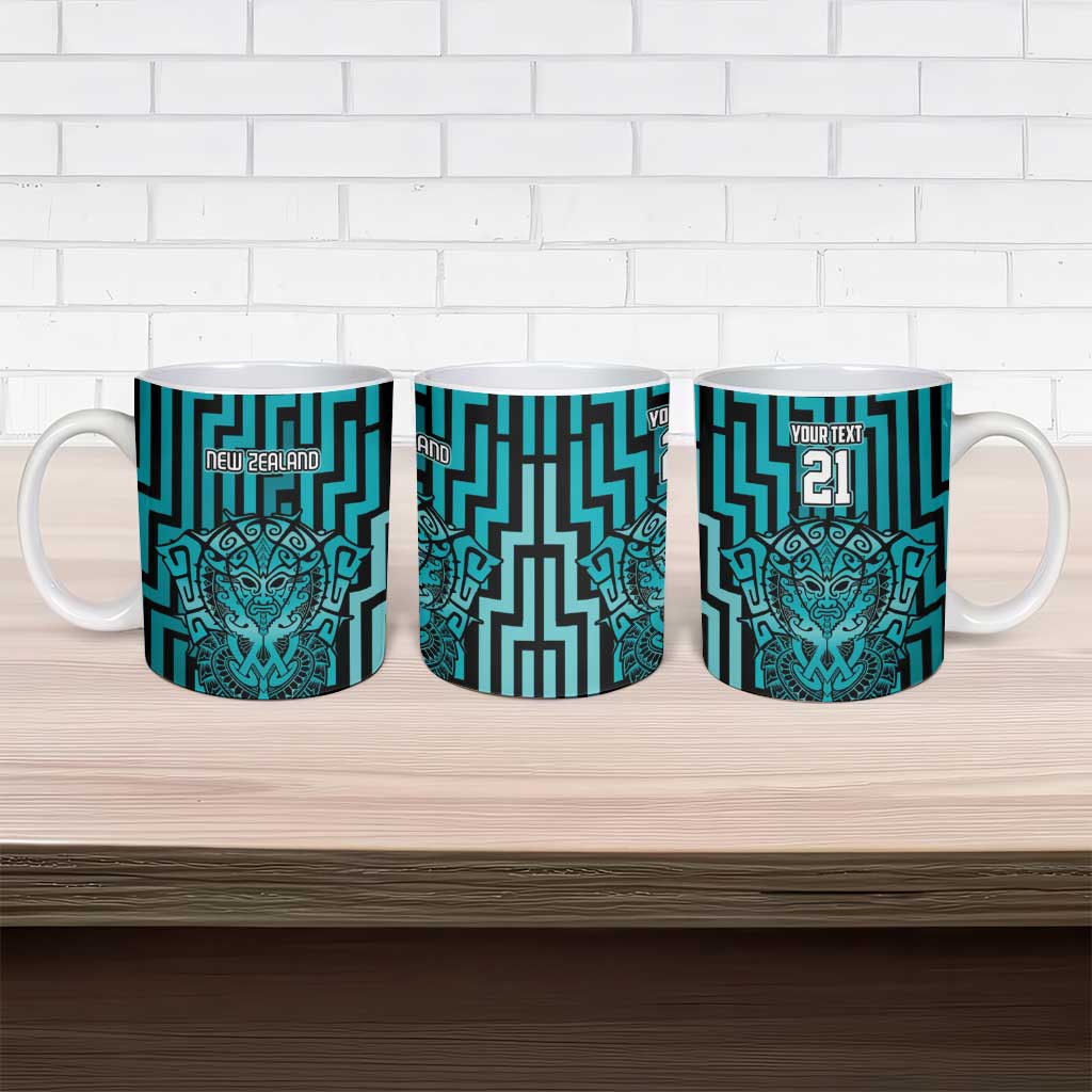 Custom Basketball New Zealand Ceramic Mug Teal Maori Ta Moko Indigenous - Polynesian Pride
