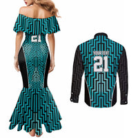 Custom Basketball New Zealand Couples Matching Mermaid Dress and Long Sleeve Button Shirt Teal Maori Ta Moko Indigenous - Polynesian Pride