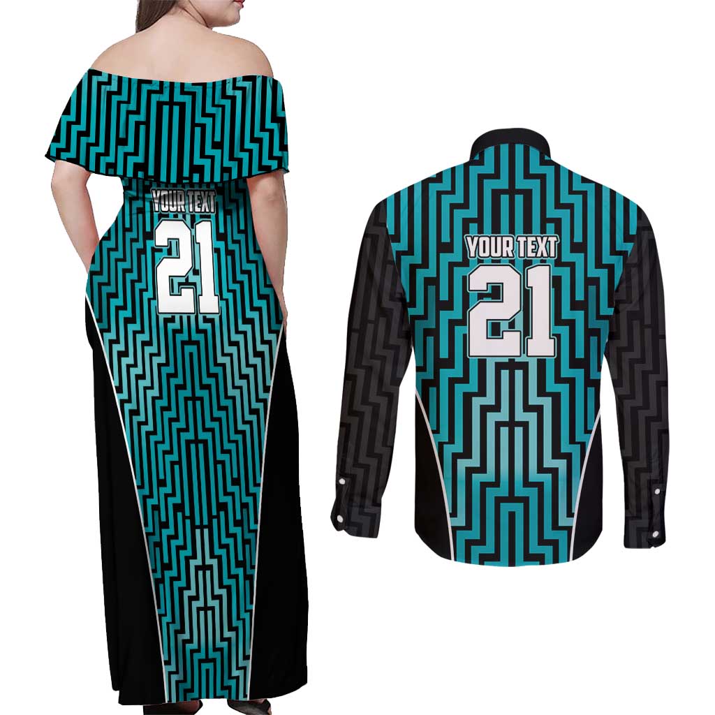 Custom Basketball New Zealand Couples Matching Off Shoulder Maxi Dress and Long Sleeve Button Shirt Teal Maori Ta Moko Indigenous - Polynesian Pride