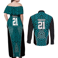 Custom Basketball New Zealand Couples Matching Off Shoulder Maxi Dress and Long Sleeve Button Shirt Teal Maori Ta Moko Indigenous - Polynesian Pride