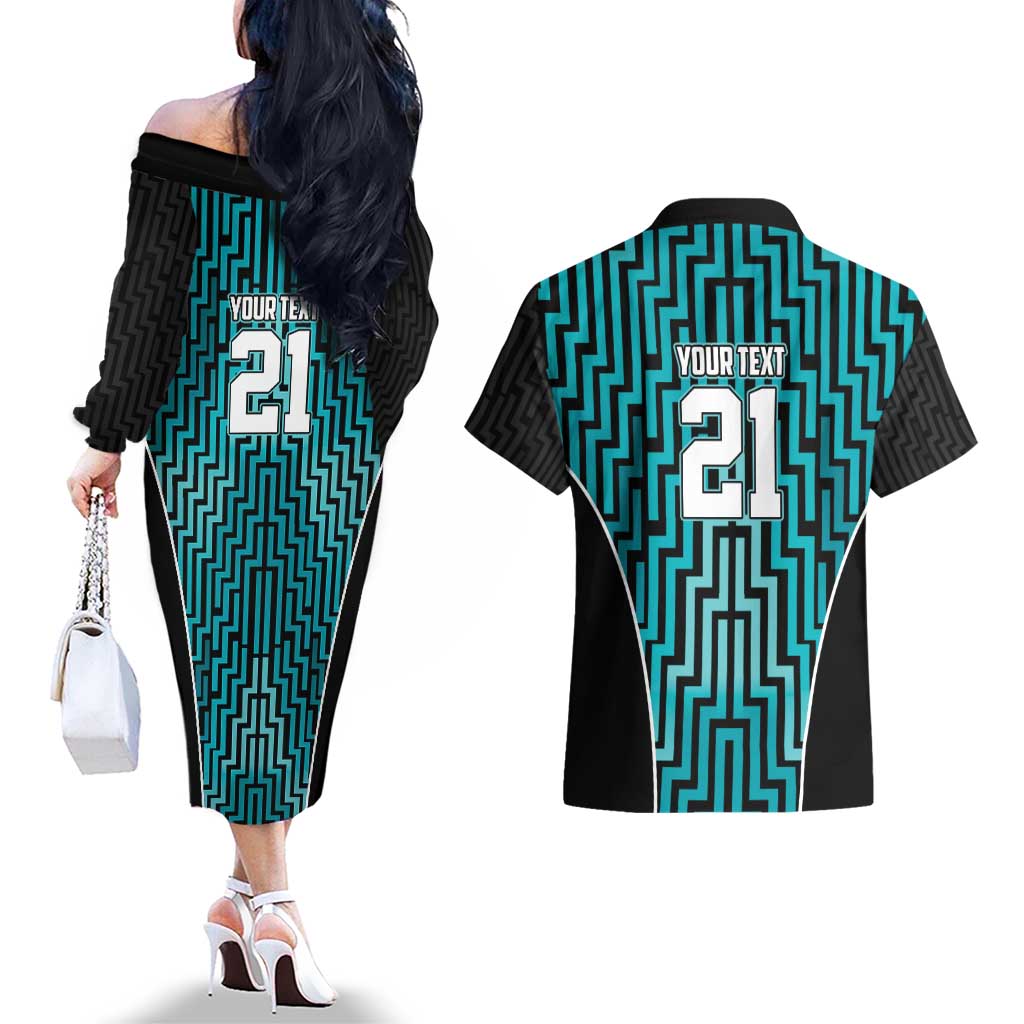Custom Basketball New Zealand Couples Matching Off The Shoulder Long Sleeve Dress and Hawaiian Shirt Teal Maori Ta Moko Indigenous - Polynesian Pride