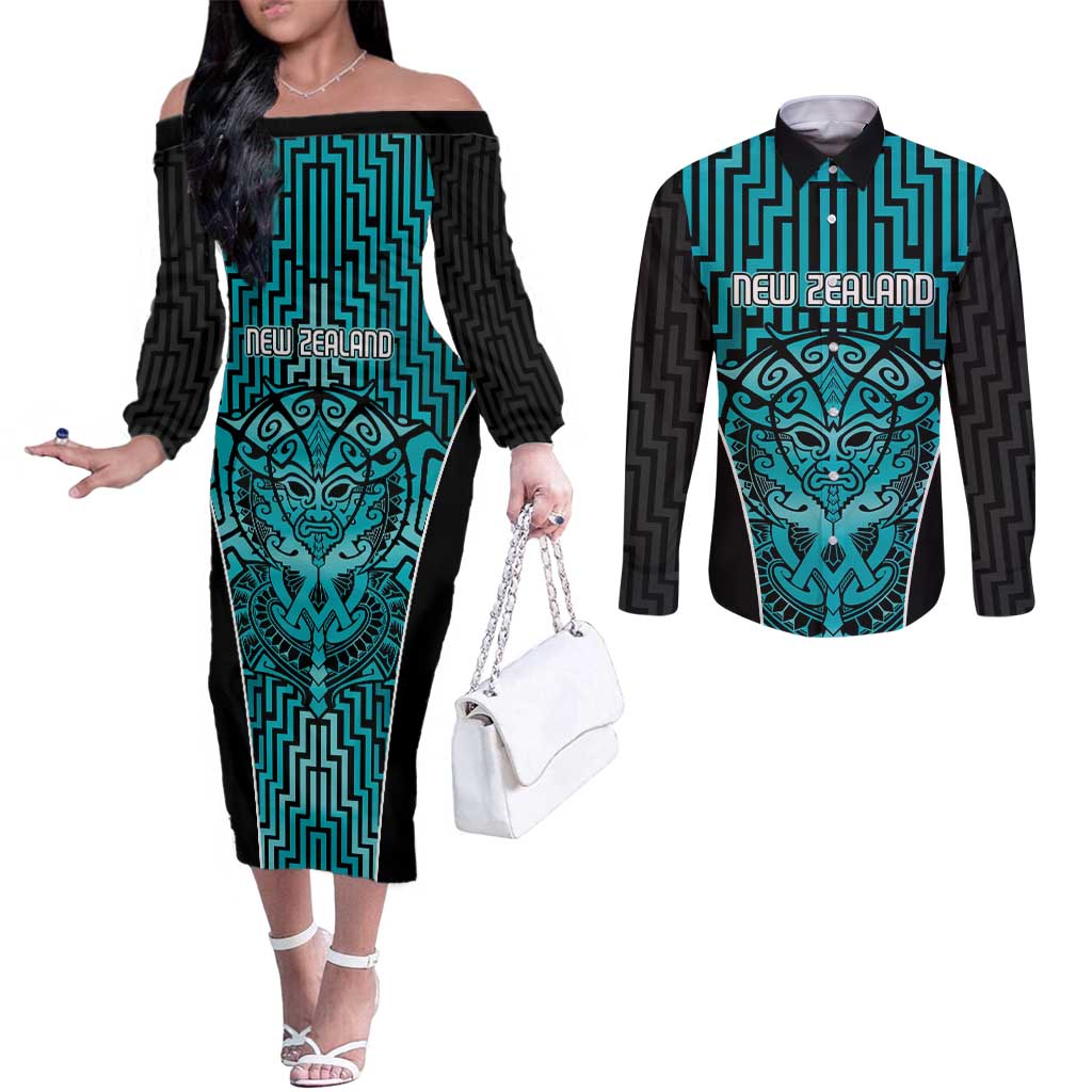 Custom Basketball New Zealand Couples Matching Off The Shoulder Long Sleeve Dress and Long Sleeve Button Shirt Teal Maori Ta Moko Indigenous - Polynesian Pride
