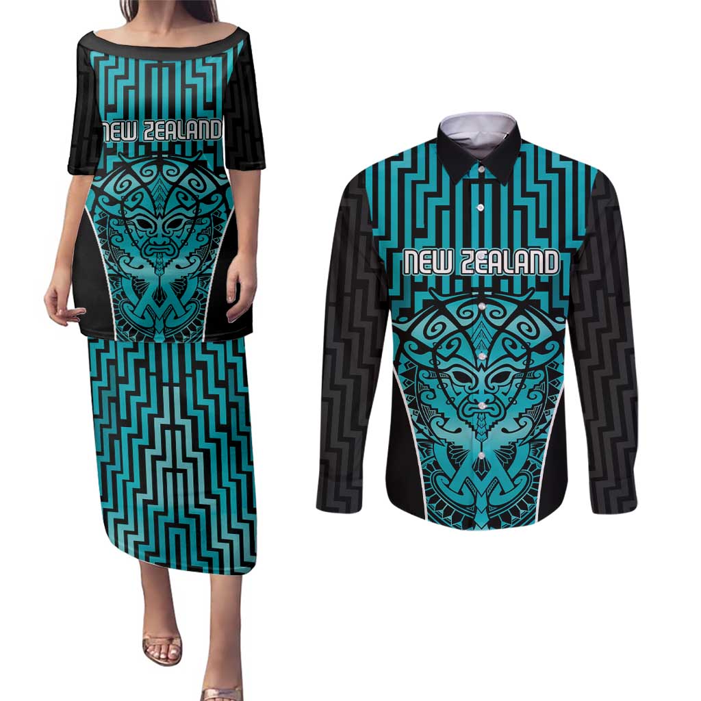 Custom Basketball New Zealand Couples Matching Puletasi and Long Sleeve Button Shirt Teal Maori Ta Moko Indigenous - Polynesian Pride