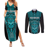 Custom Basketball New Zealand Couples Matching Summer Maxi Dress and Long Sleeve Button Shirt Teal Maori Ta Moko Indigenous - Polynesian Pride