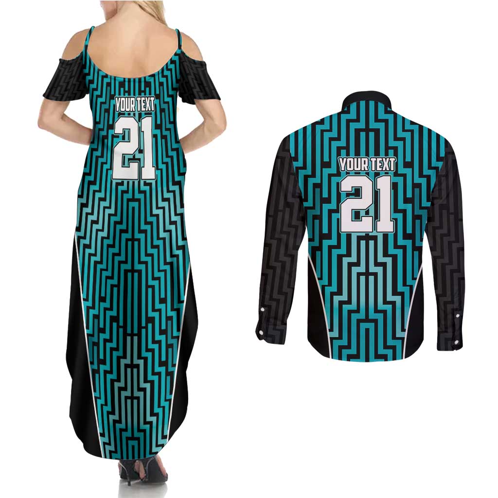 Custom Basketball New Zealand Couples Matching Summer Maxi Dress and Long Sleeve Button Shirt Teal Maori Ta Moko Indigenous - Polynesian Pride