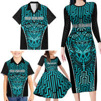 Custom Basketball New Zealand Family Matching Long Sleeve Bodycon Dress and Hawaiian Shirt Teal Maori Ta Moko Indigenous - Polynesian Pride