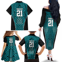 Custom Basketball New Zealand Family Matching Off The Shoulder Long Sleeve Dress and Hawaiian Shirt Teal Maori Ta Moko Indigenous - Polynesian Pride