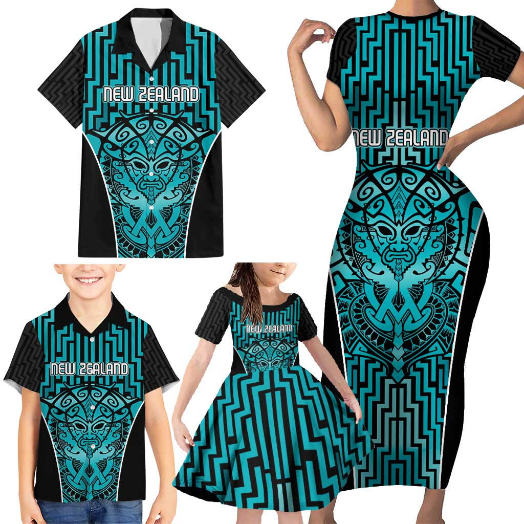 Custom Basketball New Zealand Family Matching Short Sleeve Bodycon Dress and Hawaiian Shirt Teal Maori Ta Moko Indigenous - Polynesian Pride