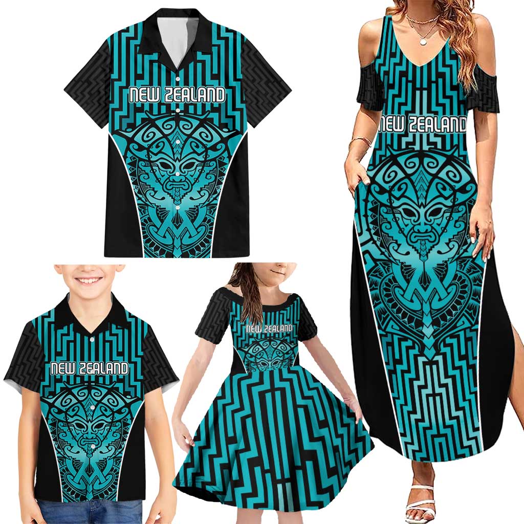 Custom Basketball New Zealand Family Matching Summer Maxi Dress and Hawaiian Shirt Teal Maori Ta Moko Indigenous - Polynesian Pride