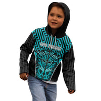 Custom Basketball New Zealand Kid Hoodie Teal Maori Ta Moko Indigenous - Polynesian Pride
