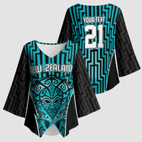 Custom Basketball New Zealand Kimono Sleeve Blouse Teal Maori Ta Moko Indigenous - Polynesian Pride