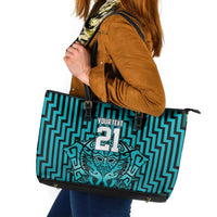 Custom Basketball New Zealand Leather Tote Bag Teal Maori Ta Moko Indigenous - Polynesian Pride