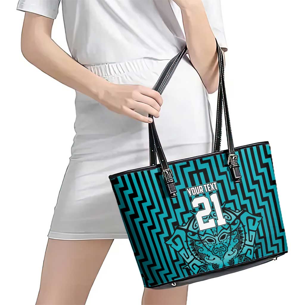 Custom Basketball New Zealand Leather Tote Bag Teal Maori Ta Moko Indigenous - Polynesian Pride