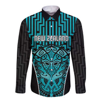 Custom Basketball New Zealand Long Sleeve Button Shirt Teal Maori Ta Moko Indigenous - Polynesian Pride