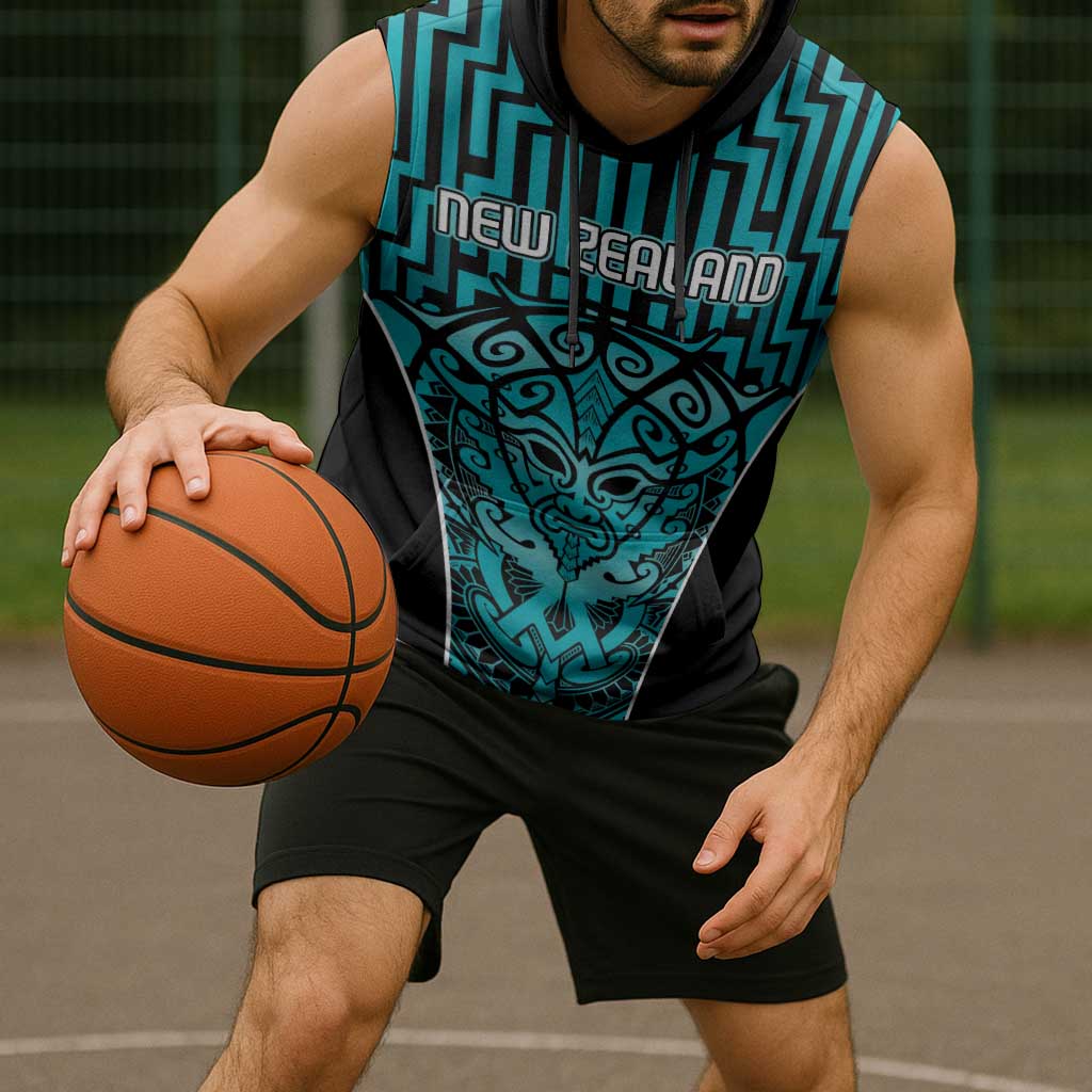 Custom Basketball New Zealand Sleeveless Hoodie Teal Maori Ta Moko Indigenous - Polynesian Pride