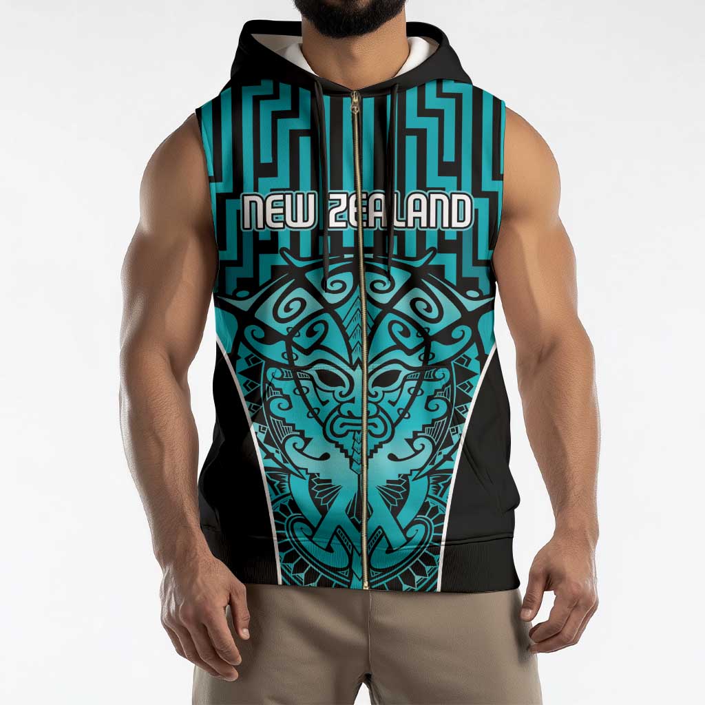 Custom Basketball New Zealand Sleeveless Zip Hoodie Teal Maori Ta Moko Indigenous - Polynesian Pride