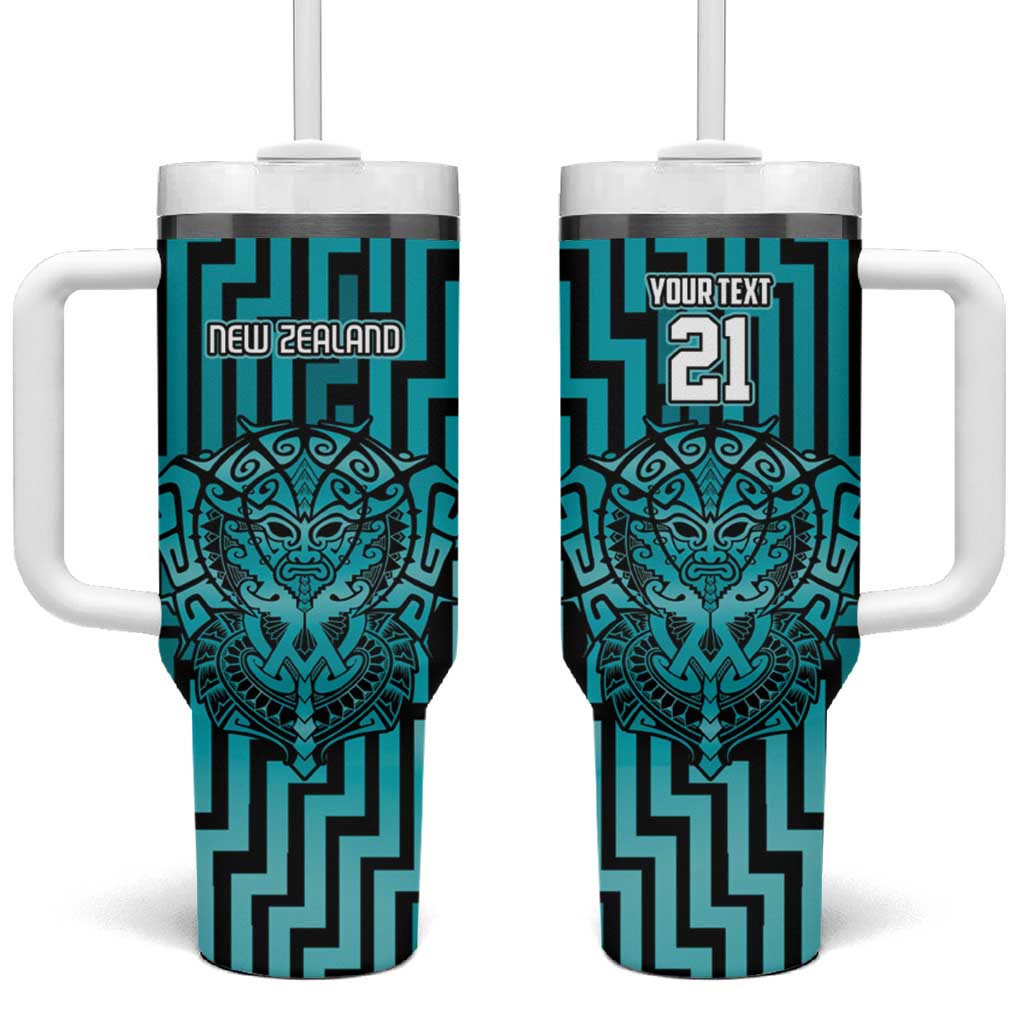 Custom Basketball New Zealand Tumbler With Handle Teal Maori Ta Moko Indigenous - Polynesian Pride