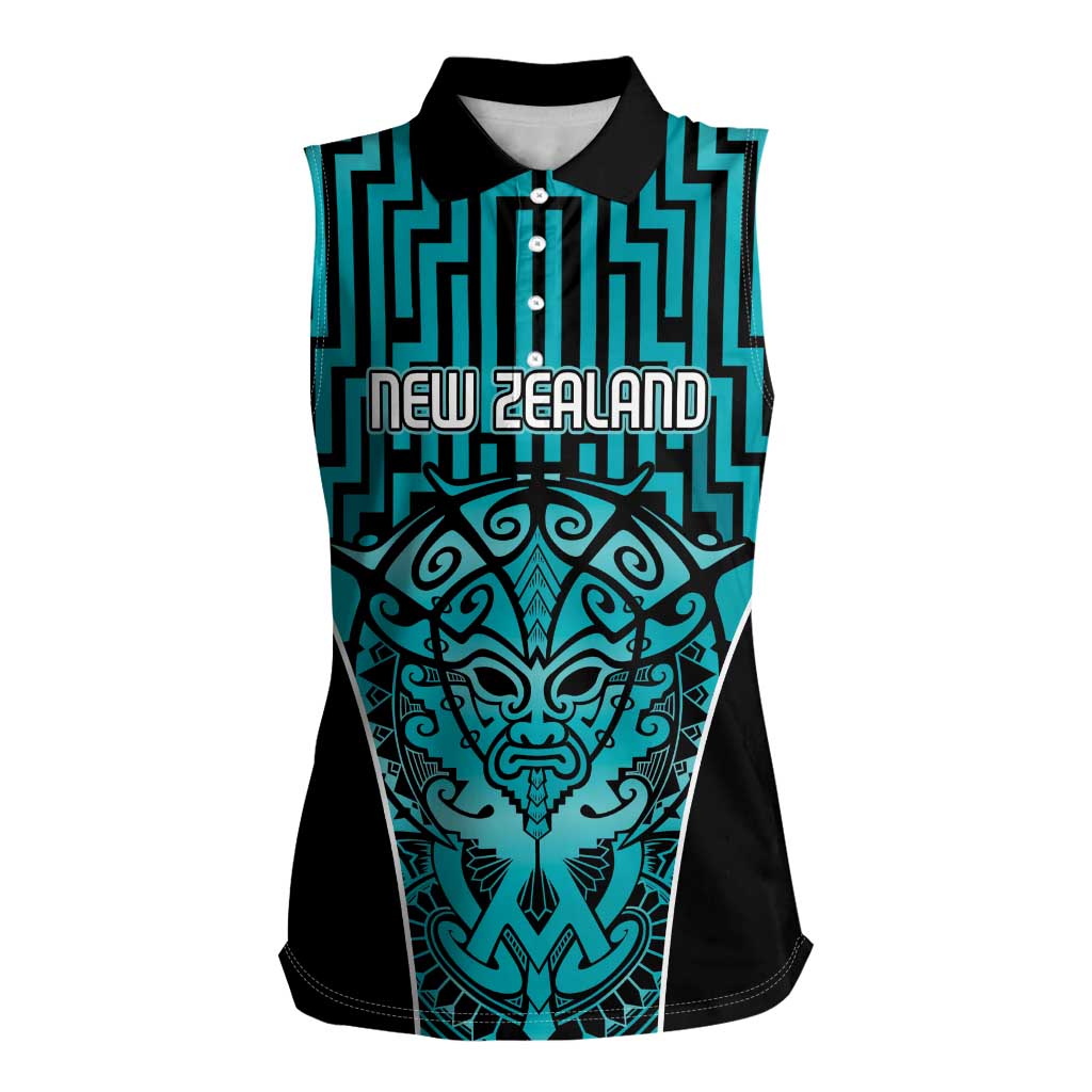 Custom Basketball New Zealand Women Sleeveless Polo Shirt Teal Maori Ta Moko Indigenous - Polynesian Pride