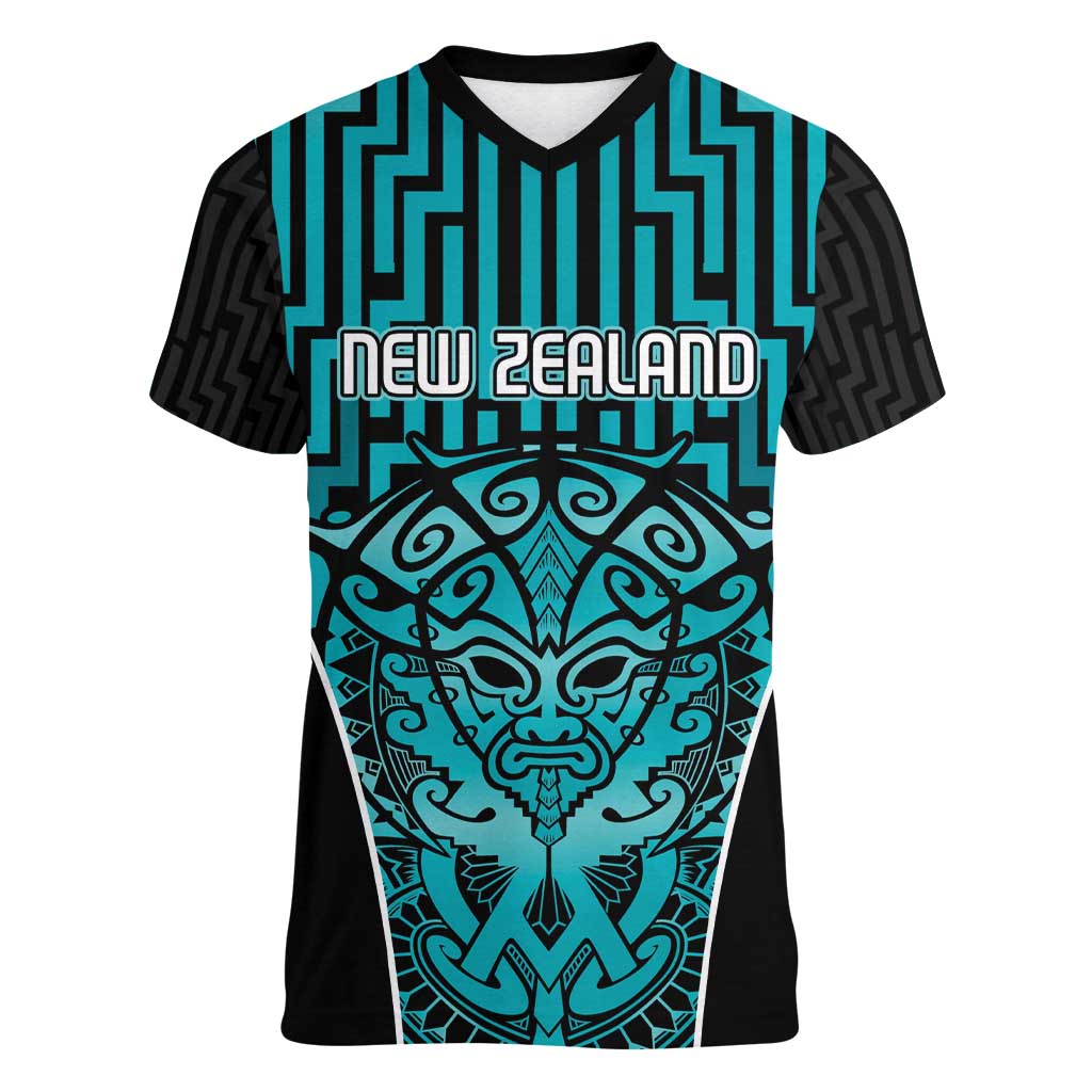 Custom Basketball New Zealand Women V-Neck T-Shirt Teal Maori Ta Moko Indigenous - Polynesian Pride