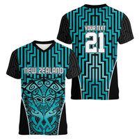 Custom Basketball New Zealand Women V-Neck T-Shirt Teal Maori Ta Moko Indigenous - Polynesian Pride