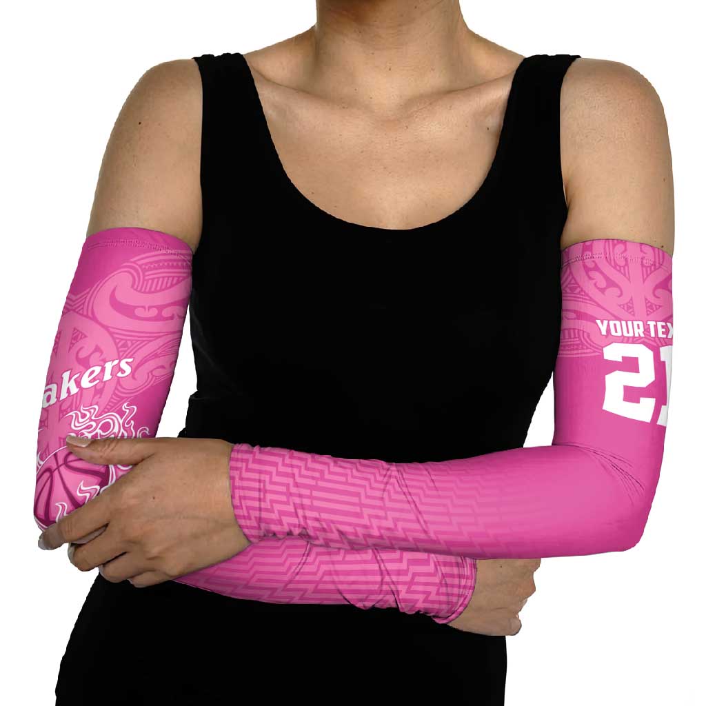 New Zealand Custom Arm Sleeves Fire Basketball Maori Tribal Pink - Polynesian Pride