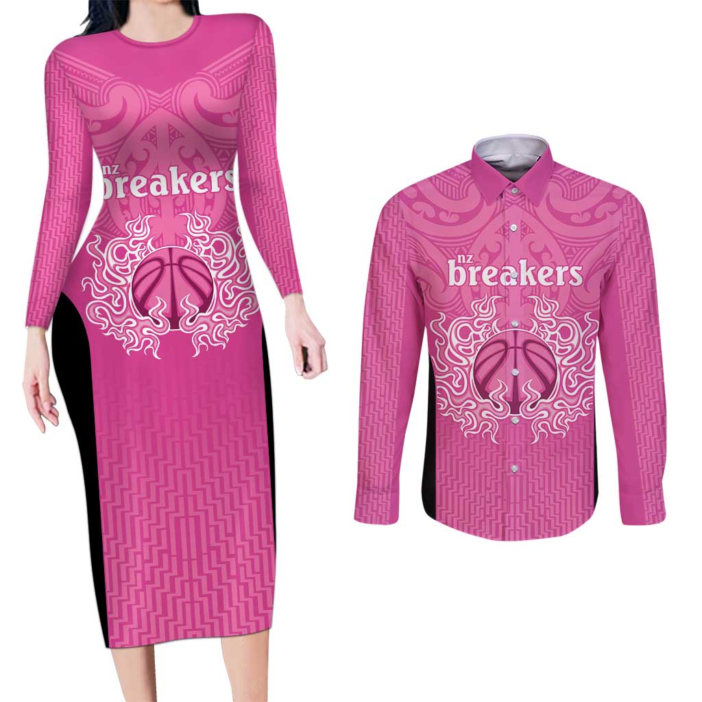 New Zealand Custom Couples Matching Long Sleeve Bodycon Dress and Long Sleeve Button Shirt Fire Basketball Maori Tribal Pink - Polynesian Pride
