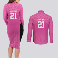 New Zealand Custom Couples Matching Long Sleeve Bodycon Dress and Long Sleeve Button Shirt Fire Basketball Maori Tribal Pink - Polynesian Pride