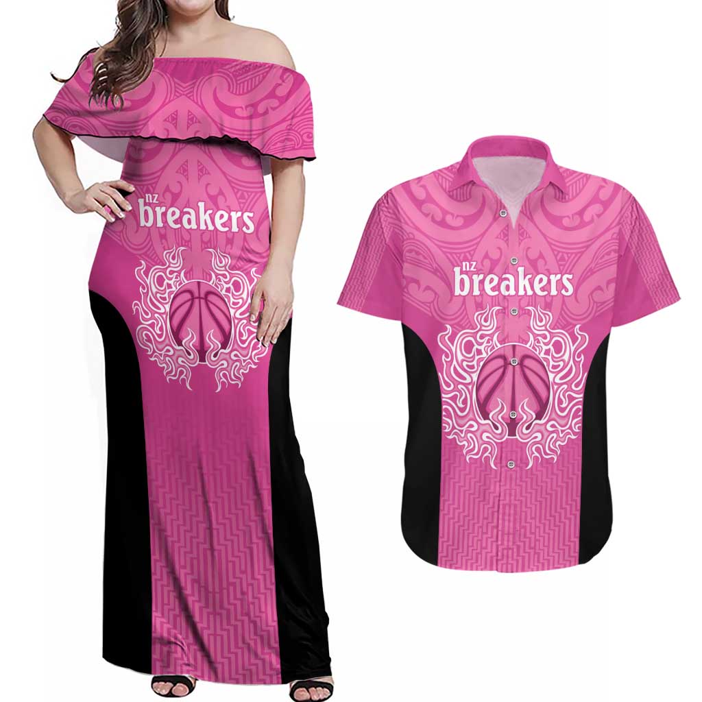 New Zealand Custom Couples Matching Off Shoulder Maxi Dress and Hawaiian Shirt Fire Basketball Maori Tribal Pink - Polynesian Pride