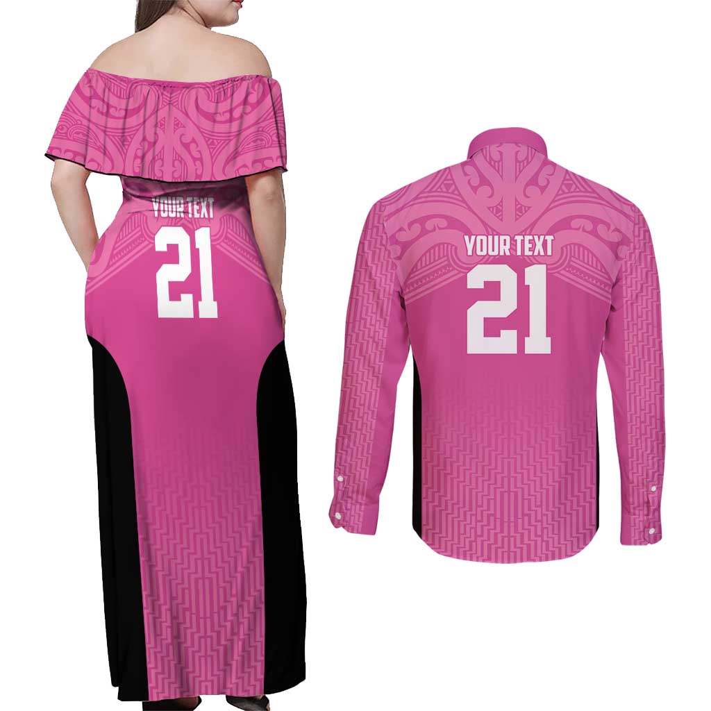 New Zealand Custom Couples Matching Off Shoulder Maxi Dress and Long Sleeve Button Shirt Fire Basketball Maori Tribal Pink - Polynesian Pride
