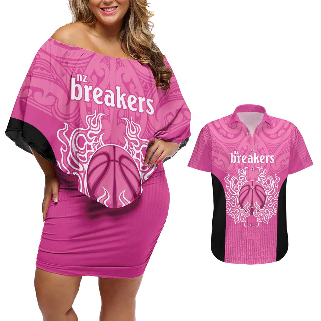 New Zealand Custom Couples Matching Off Shoulder Short Dress and Hawaiian Shirt Fire Basketball Maori Tribal Pink - Polynesian Pride