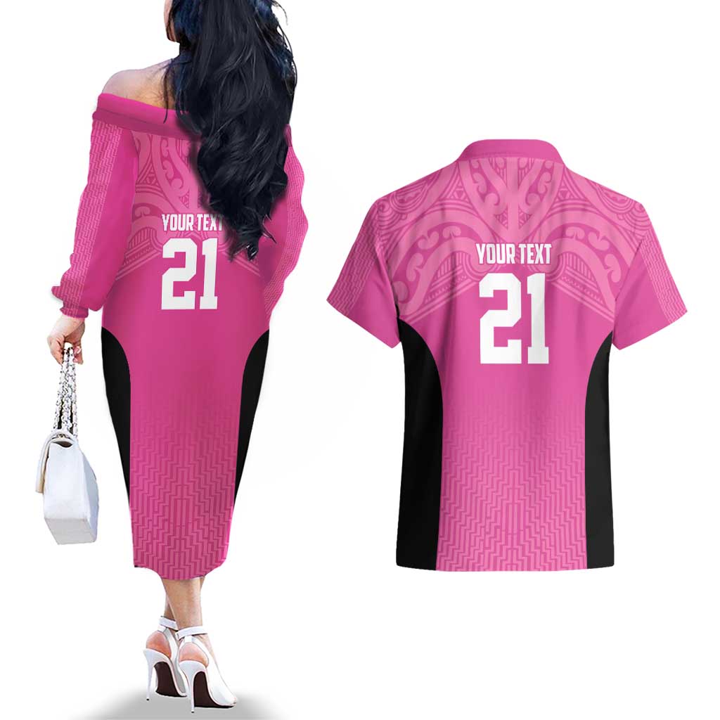 New Zealand Custom Couples Matching Off The Shoulder Long Sleeve Dress and Hawaiian Shirt Fire Basketball Maori Tribal Pink - Polynesian Pride