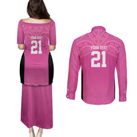 New Zealand Custom Couples Matching Puletasi and Long Sleeve Button Shirt Fire Basketball Maori Tribal Pink - Polynesian Pride