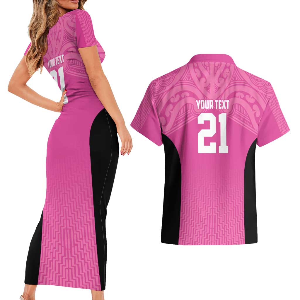 New Zealand Custom Couples Matching Short Sleeve Bodycon Dress and Hawaiian Shirt Fire Basketball Maori Tribal Pink - Polynesian Pride